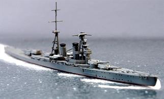 The Amagi model is a a 1/120 scale waterline model in resin by Coastlines Models, CL-BS03. This model is fully assembled and painted in overall grey in the form that she would have been completed in 1923 if the Washington Treaty had not intervened