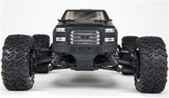 A great step-up from brushed bashing, the 1/10 scale ARRMA® BIG ROCK™ CREW CAB 4X4 3S BLX ready-to-run monster truck delivers a thrilling combination of ARRMA® toughness, street truck style and 50+ mph speed capability. Built on the powerful 4X4 BLX platform, its precision aluminium, tough steel and composite materials come together for an easy-to-maintain, super-durable vehicle design that’s now been upgraded to further increase the monster truck’s impressive performance and durability.