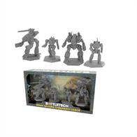 The Inner Sphere Striker Lance is a collection of four plastic miniatures for use in the classic BattleTech tabletop and Alpha Strike games. The box also provides four dry-erase cards, which are intended to directly support Alpha Strike gameplay, and four new Clan Pilot Cards.