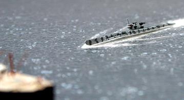 U805 is a 1/1250 scale waterline model of the German submarine in camouflage colours.