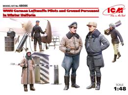 The set includes five figures of WWII German Luftwaffe pilots and ground personnel in winter uniform – two officers, two mechanics and sentry. This set also includes 50 kg bomb, spray gun, barrel, light ladder, sentry box, control barrier models.