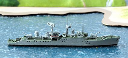 A 1/1250 scale metal waterline model of F14 HMS Leopard, a type 41 diesel-powered air defence frigate by Albatros SM Alk 343. The models is sharly cast with brass gun barrels and aerials and nicely painted with dark green decks, see photograph. 