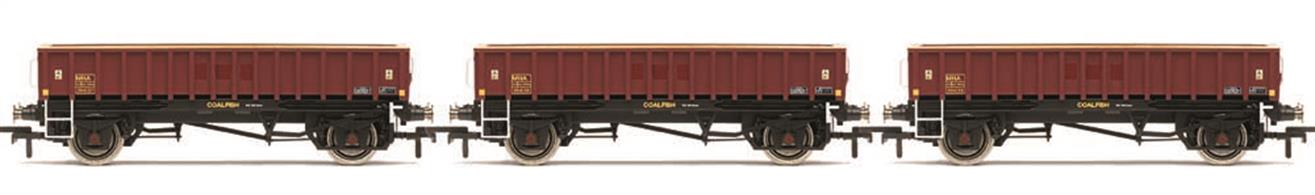 The MHA ballast/spoil box wagons were built using redundant HAA underframes by RFS(E) Doncaster in 1997. An initial order for 250 was extended several times until eventually over 1,150 wagons were converted using two distinct body styles. Early examples wore the fish-kind name "Coalfish" and some are still in use today with DB.This particular 'Coalfish' model features custom 'painted over' livery, and comes in a set of 3.