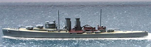 HMS Exeter is a second-hand 1/1200 scale metal waterline model from a kit which has been carefully painted by a collector in medium grey with wood coloured decks, see photograph.