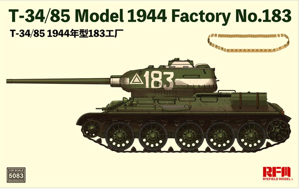 Rye Field Model 1/35 5083 Russian 35 T-34/85 Model 1944 Factory No.183 Tank Kit
