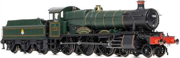 Detailed model of GWR Manor class 4-6-0 locomotive 7810 Draycott Manor finished in early British Railways lined green livery with lion over wheel emblem.This high specification model has many locomotive and period specific details recreated for 7810 this includes a later, slimmer chimney and tender with visible rivet lines. This represents the locomotive as running from Gloucester Horton Road shed in the early 1950s and later on the Cambrian section.