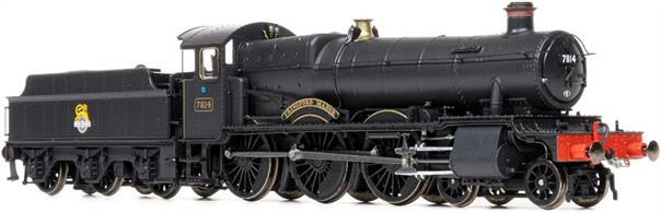 Detailed model of GWR Manor class 4-6-0 locomotive 7814 Fringford Manor finished in early British Railways plain black livery with large size lion over wheel emblem.This high specification model has many locomotive and period specific details recreated for 7814 this includes an original pattern GWR chimney and tender with visible rivet lines. This represents the locomotive as running in the early 1950s in Devon and Cornwall, serving from Plymouth Laira, Truro and Newton Abbot sheds.