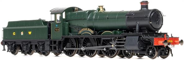 Detailed model of GWR Manor class 4-6-0 locomotive 7818 Granville Manor finished in post-WW2 Great Western express passenger green livery with tender  lettered G (crests) W.This high specification model has many locomotive and period specific details recreated for 7818 this includes the original GWR pattern chimney and tender with visible rivet lines. This represents the locomotive as running after WW2, 7818 have been sent new to Worcester in 1939 and recorded as allocated to Cheltenham in 1948.