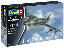 Revell 03833 1/144th Hawker Hunter FGA.9 Aircraft KitThe Hawker Hunter is one of the most elegant jets built in the UK since WWII. First introduced as an interceptor in 1954, this model was later modified and used as the FGA.9 fighter bomber.