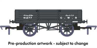 Order deadline May 1st 2022. Delivery expected Winter 2022/3Contemporary with the iron minks the GWRs standard open merchadise wagons built from 1886 to 1902 also uses iron underframes, changed to steel from 1895. Built with brakes on one side only in 1927 over 18,000 of these wagons expected to have many years service left were fitted with a second brake lever to Board of Trade requirements and were allocated diagram O21 on the GWR wagon diagram book. When the last was withdrawn is not known, but one example has been preserved.Model finished as the preserved O21 wagon number 41277 with brakes both sides painted GWR grey livery and pre-1904 lettering style.