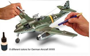 From the bottle directly into the gun, without diluting. The new Model Color are perfect for use with our airbrush guns. In the version "German Aircraft WWII" are 8 different shades included, which are matched to the German Air Force of the "Second World War" (including only in the set available special colors). The new Model Colors give your models the perfect original look. From the bottle directly into the gun, no further thinning necessary. Consisting of 8 different colors directly matched to the German Air Force of WWII (including special colors that are not currently available in the Revell range) Thin application by brush is also possible Easy to dose through bottle tip