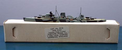 HMS Ajax is a 1/1200 white metal Fleetline kit from the 1980s. Although this is a second-hand model, the box has never been opened. A sample of a model completed as HMNZS Leander by the previous owner is displayed on top of the box in the photograph to show the quality of the kit. The kits were some of the best available in the 1980s and still compare well today, see photograph.One of the models is branded "Scaledown" and is a plastic bag rather than a cardboard box. The Fleetline name had become exclusively used for N-guage model railway kits at this time.