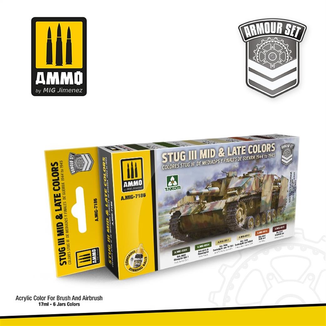 Ammo of Mig Jimenez  A.MIG-7186 WW2 German STUG III Mid & Late Colours Paint Set 6 x 17ml