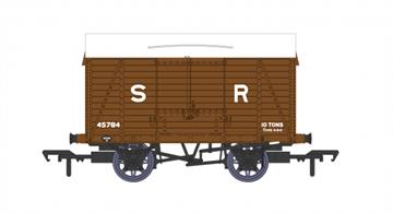 In 1913 the first of these new design vans was built as a trial vehicle using the new SECR standard steel underframe designed by C&amp;W engineer Lionel Lynes and debuting the distinctive tri-arc roof body which was to become a feature of Southern Railway covered wagons.The Maunsell/Lynes underframe was used for the entire planned range of SECR standard wagons, being common with the 5 and 7 plank open wagons, timber bolster trucks and the new design of engineers ballast wagons. This robust steel frame game all these wagons long working lives, with most reaching British Railways service and some lasting into the 1970s in engineering service.Model finished in Southern goods brown livery with large lettering.