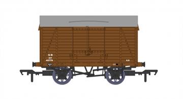 In 1913 the first of these new design vans was built as a trial vehicle using the new SECR standard steel underframe designed by C&amp;W engineer Lionel Lynes and debuting the distinctive tri-arc roof body which was to become a feature of Southern Railway covered wagons.The Maunsell/Lynes underframe was used for the entire planned range of SECR standard wagons, being common with the 5 and 7 plank open wagons, timber bolster trucks and the new design of engineers ballast wagons. This robust steel frame game all these wagons long working lives, with most reaching British Railways service and some lasting into the 1970s in engineering service.Model finished in Southern goods brown livery with post-1934 small lettering.