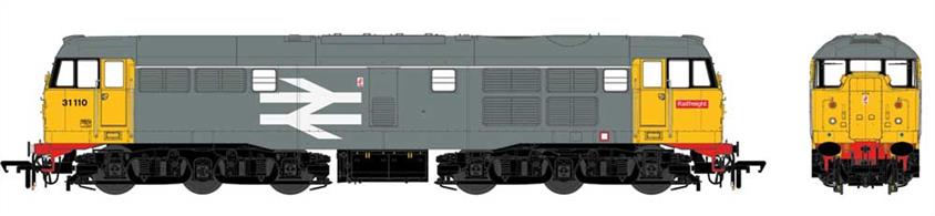 New and highly detailed model of the Brush type 2 diesel locomotives with a full range of detailing options to model the original Mirrlees engined class 30 and EE engined class 31 locomotives. The detail variations include differing grilles, fan cowls, buffer cowls, disc or box headcode, end doors or sealed end doors and central or offset headlight positions.Model finished as BR 31110, one of the early production locomotives without headcode boxes and finished in the BR large logo grey livery applied to Railfreight locomotives in the early 1980s.