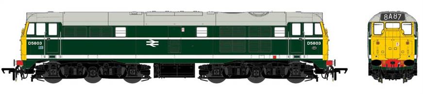 New and highly detailed model of the Brush type 2 diesel locomotives with a full range of detailing options to model the original Mirrlees engined class 30 and EE engined class 31 locomotives. The detail variations include differing grilles, fan cowls, buffer cowls, disc or box headcode, end doors or sealed end doors and central or offset headlight positions.Model finished as locomotive 5803 painted in the BR locomotive green livery with the addition of full yellow ends to improve sighting by lineside workers. Model features the four-character roof mounted headcode box and representation of the cab front doors.