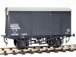 From 1927 the GWR adopted the RCH 17ft6in length steel underframe as the standard for their goods wagons, initially with a 9ft wheelbase and changed to 10ft wheelbase from 1932. Vans to the same basic designs were built with and without vacuum train brakes, with diagram revisions often being due to internal or constructional changes.Over 8,500 vans were built to diagrams V23 (vacuum fitted) and V24 (unfitted) between 1933 &amp; 1943, with a further 265 on diagram V26 with internal partitioning coded PARTO and often assigned for Huntly &amp; Palmers biscuits.Van marked 'To work between Barnstaple &amp; Paddington'