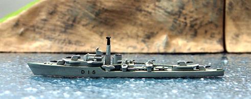 HMS Cavendish is a 1/1200 scale model that has been assembled and painted in grey with green decks by the previous owner from a Fleetline kit, see photograph.