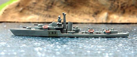 HMS Jutland is a 1/1200 second-hand metal waterline model of a later Battle-class destroyer from 1946 completed and painted by an expert modeller, see photograph.