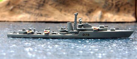 HMS Cadiz  is a 1/1200 scale second-hand waterline model of an early Battle-class destroyer made and painted from a Fleetline kit by a careful modeller, see photograph.