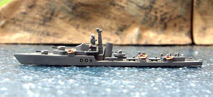 HMS Dunkirk is a 1/1200 scale second-hand model of a later-style Battle-class destroyer completed and painted from a Fleetline kit by the previous owner, see photograph.