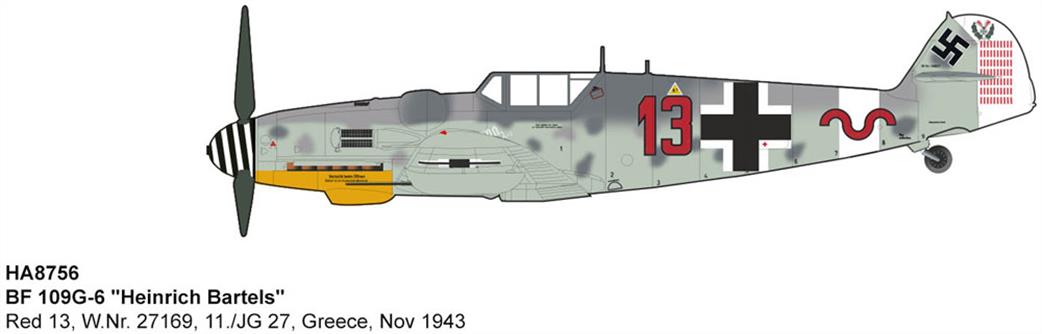 Hobby Master HA8756 Messerschmitt  BF109G-6 Heinrich Bartels Red 13, W.Nr. 27169, 11./JG 27, Greece, Nov 1943 1/48
