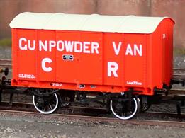 The GWR iron bodied 'Iron Mink' vans made an excellent base for duties where a strong and secure wagon was required. Many vans of similar design were built by other railways and for private owners by railway wagon works. Regular uses were for flour and cement, which needed to be kept dry during transport and for the secure conveyance of explosives, classified as Gunpowder Vans. Gunpowder vans in particular were frequently given a distinct livery to alert railway staff to the hazardous cargo. This Rapido Trains Iron Mink model is finished in the bright red gunpowder van livery of the Caledonian Railway, wagon number 34.