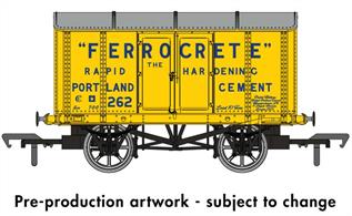 Delivery expected Winter 2022/3.The 'Iron Mink' is one of the most recognisable GWR wagon types from the end of the 19th century, with over 4,700 examples constructed between 1886 and 1901. Both underframe and body were built from iron and steel, creating a robust and long-lived wagon, with examples surviving into the 1960s. The metal construction made the design ideal for use as Gunpowder vans, wagons to the same style being used by other railway companies and private owners.This model is finished BPCM British Portland Cement Manufacturers van number 262 in yellow &amp; blue livery with Ferrocrete lettering. 1910s-1960s