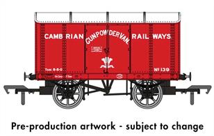 The 'Iron Mink' is one of the most recognisable GWR wagon types from the end of the 19th century, with over 4,700 examples constructed between 1886 and 1901. Both underframe and body were built from iron and steel, creating a robust and long-lived wagon, with examples surviving into the 1960s. The metal construction made the design ideal for use as Gunpowder vans, wagons to the same style being used by other railway companies and private owners.This model is finished as a Gunpowder van owned by the Cambrian Railways painted in red livery. 1900s-1922.