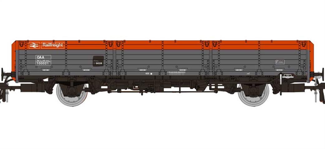 Rapido Trains 915014 BR 100021 OAA Long Wheelbase Open Wagon Railfreight Grey & Flame Red 2 Planks OO