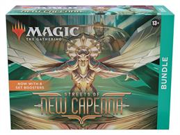 Bundle contains:8 * Streets of New Capenna set boosters1 * Alternate art foil Mysterious Limousine1 * Storage box40 * Basic lands (20 foil, 20 non-foil)1 * Oversized spindown life counter