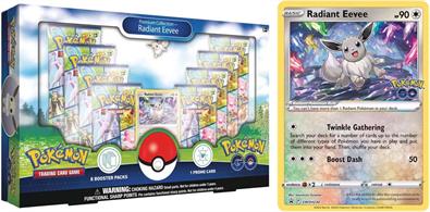 One only allowed per personBox contains:8 * Pokemon Go boosters1 * Foil promo Radiant Eevee1 * Radaint Eevee pin badge1 * Radiant Eevee playmatContact Via Email