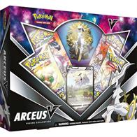 Box contains:4 * Pokemon boosters1 * Foil promo Arceus V1 * Arceus Figure