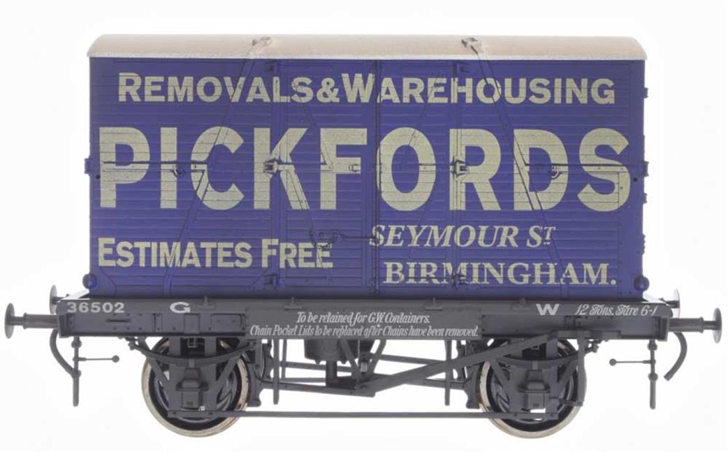 Dapol O Gauge 7F-037-010W GWR Conflat 36502 with Pickfords Removals Container 1666 Weathered
