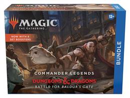 Bundle contains:8 * Streets of Commander Legends Baldur's Gate set boosters1 * Alternate art foil Wand of Wonder1 * Storage box40 * Basic lands (20 foil, 20 non-foil)1 * Oversized D20