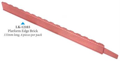 Peco platform edge units for TT 1:120 scale with brick facing.The Peco system uses platform edge sections which can be formed alongside the tracks, following any curves. A surface sheet (supplied separately) can then be cut to fit between the edge capping stones.This pack contains 6 plain platform face sections with brick facing each 133mm (approx. 5¼in) to make a single platform face length of 798mm/31.4in. Matching platform ramps are supplied as pack LK-12105 with LK-12107 brick or LK-12108 concrete surfaces, or suitable card or plastic sheet platform surface materials from other manufacturers can be used.