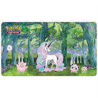 Playmat with premium fabric top to prevent damage to cards during game play. Dimensions are approximately 24" X 13-1/2". Rubber backing lets the playmat lay flat and prevents the mat from shifting during use. Features a Enchanted Glade scene!