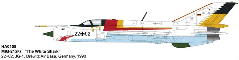 "MIG-21SPS ""The White Shark"" 22+02, JG-1, Drewitz Air Base, Germany, 1990"