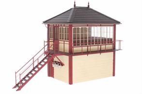 New mixed media kit building a model of a Midland Railway standard type 2A signal box based on Aisgill box, Settle-Carlisle Railway.This kit features pre-printed laser cut walls with moulded plastic and 3D printed detail parts including door and windows frame and glazing. Based on Aisgill signal box, as preserved at the Midland Railway Centre, Butterley.MR type 2A, built 1900, reconstructed at the Midland Railway Centre, Butterley in the 1980s. Footprint size 220mm x 99mm