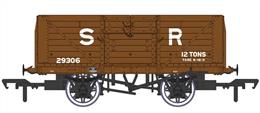 Detailed model of the Southern Railway standard design 8 plank open wagons with their distinctive hinged top doors produced by Rapido Trains. These open wagons were the most numerous type built by the Southern Railway, with over 8,000 constructed between 1926 and 1937. The majority of these passed to  British Railways ownership at nationalisation.This model diagram D1379 wagon 29306 features the 9ft wheelbase chassis, Morton brake levers and split-spoke wheels. Finished in pre-1936 SR goods brown livery with large lettering.
