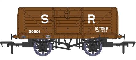 Detailed model of the Southern Railway standard design 8 plank open wagons with their distinctive hinged top doors produced by Rapido Trains. These open wagons were the most numerous type built by the Southern Railway, with over 8,000 constructed between 1926 and 1937. The majority of these passed to  British Railways ownership at nationalisation.This model diagram D1379 wagon 30601 features the 9ft wheelbase chassis, Morton brake levers and split-spoke wheels. Finished in pre-1936 SR goods brown livery with large lettering.