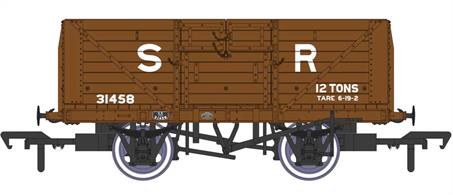 Detailed model of the Southern Railway standard design 8 plank open wagons with their distinctive hinged top doors produced by Rapido Trains. These open wagons were the most numerous type built by the Southern Railway, with over 8,000 constructed between 1926 and 1937. The majority of these passed to  British Railways ownership at nationalisation.This model diagram D1379 wagon 31458 features the 9ft wheelbase chassis, Morton brake levers and disc wheels. Finished in pre-1936 SR goods brown livery with large lettering.