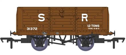 Detailed model of the Southern Railway standard design 8 plank open wagons with their distinctive hinged top doors produced by Rapido Trains. These open wagons were the most numerous type built by the Southern Railway, with over 8,000 constructed between 1926 and 1937. The majority of these passed to  British Railways ownership at nationalisation.This model diagram D1379 wagon 31372 features the 9ft wheelbase chassis, Morton brake levers and disc wheels. Finished in pre-1936 SR goods brown livery with large lettering.
