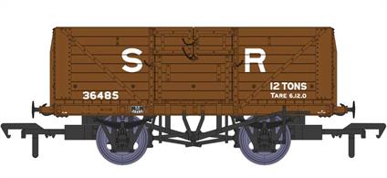Detailed model of the Southern Railway standard design 8 plank open wagons with their distinctive hinged top doors produced by Rapido Trains. These open wagons were the most numerous type built by the Southern Railway, with over 8,000 constructed between 1926 and 1937. The majority of these passed to  British Railways ownership at nationalisation.This model diagram D1379 wagon 36485 features the 9ft wheelbase chassis, SR 'Freighter' brakes and disc wheels. Finished in pre-1936 SR goods brown livery with large lettering.