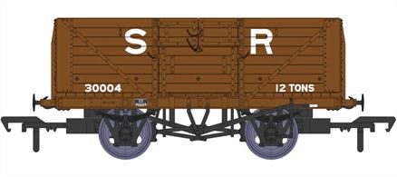 Detailed model of the Southern Railway standard design 8 plank open wagons with their distinctive hinged top doors produced by Rapido Trains. These open wagons were the most numerous type built by the Southern Railway, with over 8,000 constructed between 1926 and 1937. The majority of these passed to  British Railways ownership at nationalisation.This model diagram D1379 wagon 30004 features the 9ft wheelbase chassis, SR 'Freighter' brakes and disc wheels. Finished in pre-1936 SR goods brown livery with large lettering.