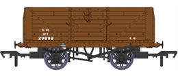 Detailed model of the Southern Railway standard design 8 plank open wagons with their distinctive hinged top doors produced by Rapido Trains. These open wagons were the most numerous type built by the Southern Railway, with over 8,000 constructed between 1926 and 1937. The majority of these passed to  British Railways ownership at nationalisation.This model diagram D1379 wagon 29898 features the 9ft wheelbase chassis, Morton brake levers and split-spoke wheels. Finished in post-1936 SR goods brown livery with small lettering.