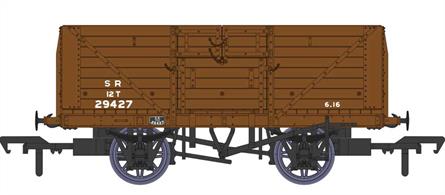 Detailed model of the Southern Railway standard design 8 plank open wagons with their distinctive hinged top doors produced by Rapido Trains. These open wagons were the most numerous type built by the Southern Railway, with over 8,000 constructed between 1926 and 1937. The majority of these passed to  British Railways ownership at nationalisation.This model diagram D1379 wagon 29427 features the 9ft wheelbase chassis, Morton brake levers and split-spoke wheels. Finished in post-1936 SR goods brown livery with small lettering.