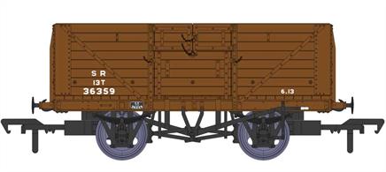 Detailed model of the Southern Railway standard design 8 plank open wagons with their distinctive hinged top doors produced by Rapido Trains. These open wagons were the most numerous type built by the Southern Railway, with over 8,000 constructed between 1926 and 1937. The majority of these passed to  British Railways ownership at nationalisation.This model diagram D1379 wagon 36359 features the 9ft wheelbase chassis, SR 'Freighter' brakes and disc wheels. Finished in post-1936 SR goods brown livery with small lettering..