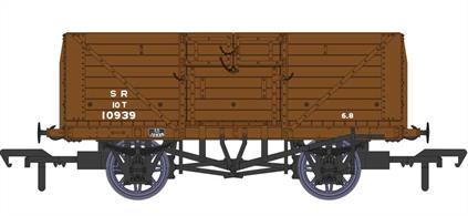 Detailed model of the Southern Railway standard design 8 plank open wagons with their distinctive hinged top doors produced by Rapido Trains. These open wagons were the most numerous type built by the Southern Railway, with over 8,000 constructed between 1926 and 1937. The majority of these passed to  British Railways ownership at nationalisation.This model diagram D1400 wagon 10939 features the 10ft wheelbase chassis, SR 'Freighter' brakes and split-spoke wheels. Finished in post-1936 SR goods brown livery with small lettering.